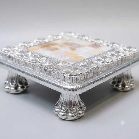 Silver Puja Chowki (Bajot) with Mother-of-Pearl Inlay – Square Footed Pooja Pedestal with Floral Border | Griha Pravesh & Gifting