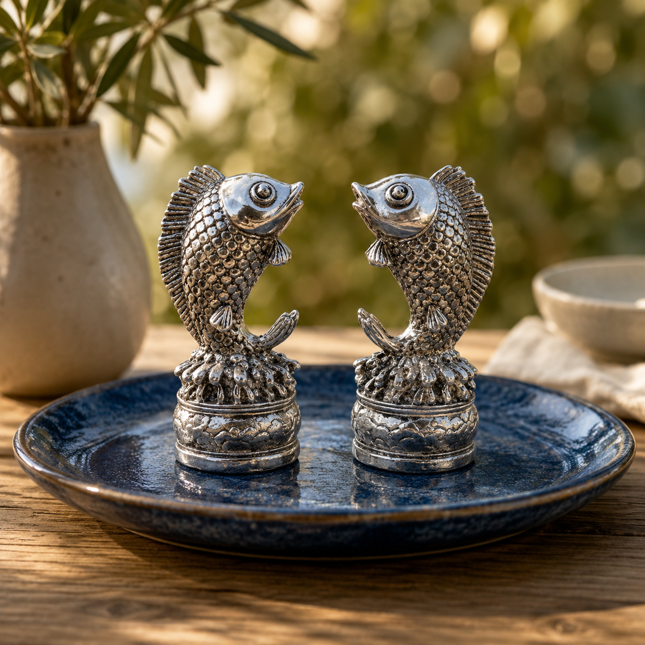 Two ornate silver fish-shaped decorative objects standing on a round dark blue plate, set on a wooden table with a blurred outdoor background and a vase of greenery.