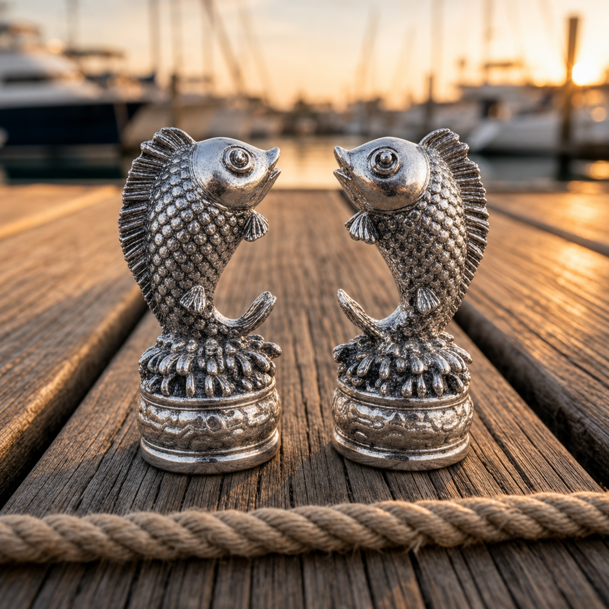Two small silver fish-shaped decorative objects standing on a wooden dock with a blurred marina background at sunset.