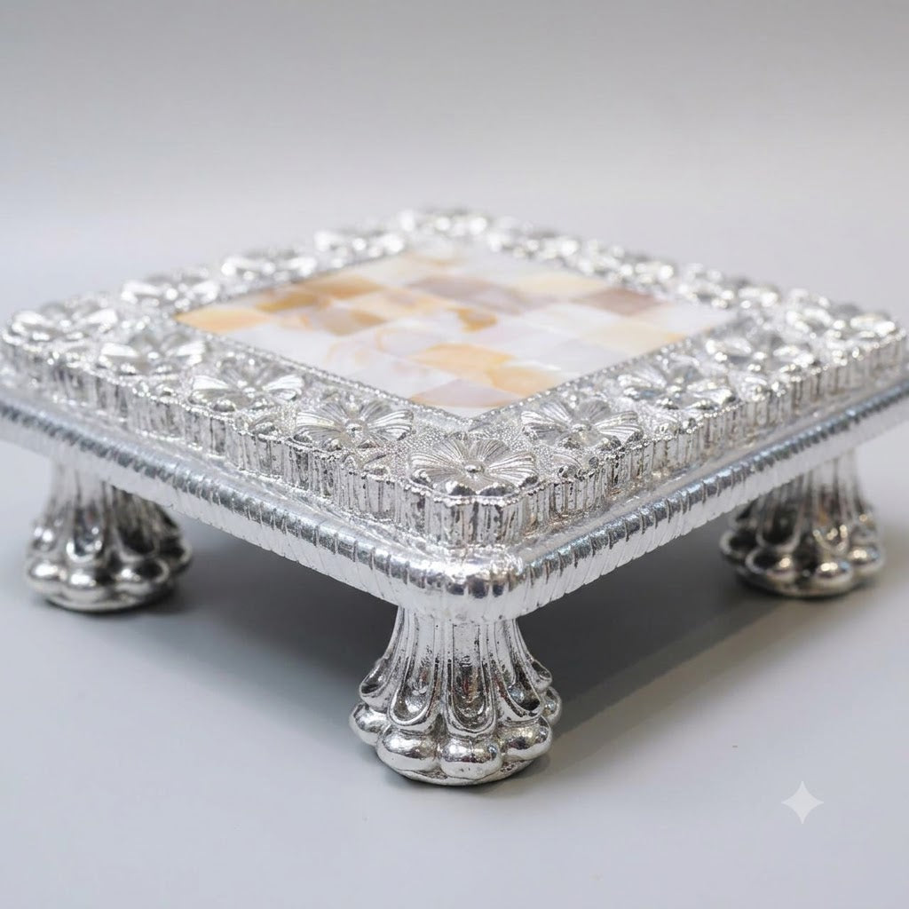 Silver Puja Chowki (Bajot) with Mother-of-Pearl Inlay – Square Footed Pooja Pedestal with Floral Border | Griha Pravesh &amp; Gifting