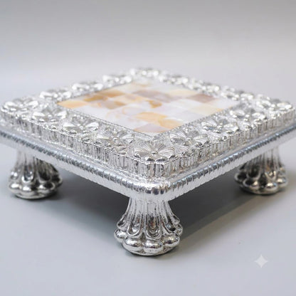 Silver Puja Chowki (Bajot) with Mother-of-Pearl Inlay – Square Footed Pooja Pedestal with Floral Border | Griha Pravesh &amp; Gifting