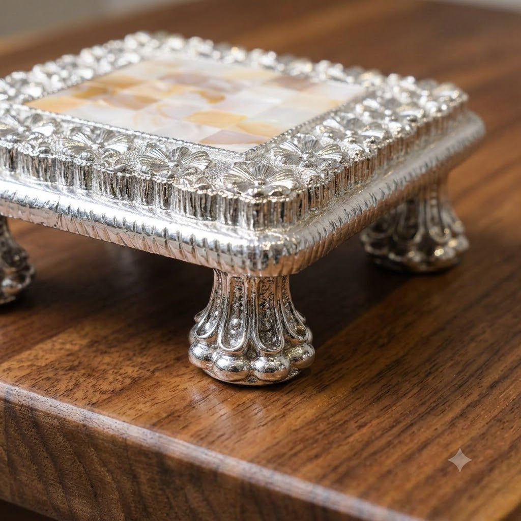 Silver Puja Chowki (Bajot) with Mother-of-Pearl Inlay – Square Footed Pooja Pedestal with Floral Border | Griha Pravesh &amp; Gifting