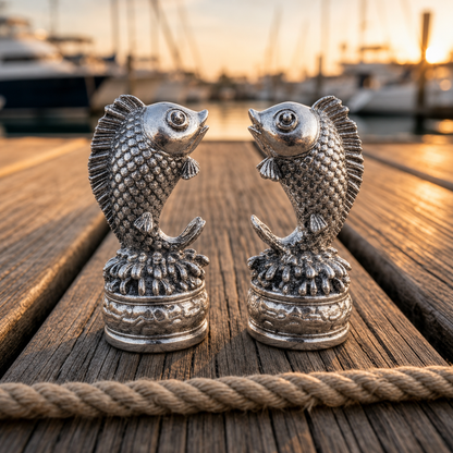 Two small silver fish-shaped decorative objects standing on a wooden dock with a blurred marina background at sunset.