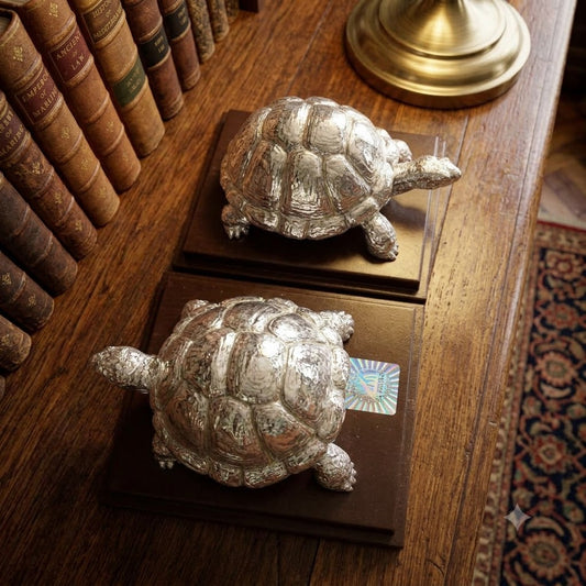 Silver Tortoise Pair Showpiece – Vastu Kachua Figurines on Wooden Base | Feng Shui Good Luck Gift