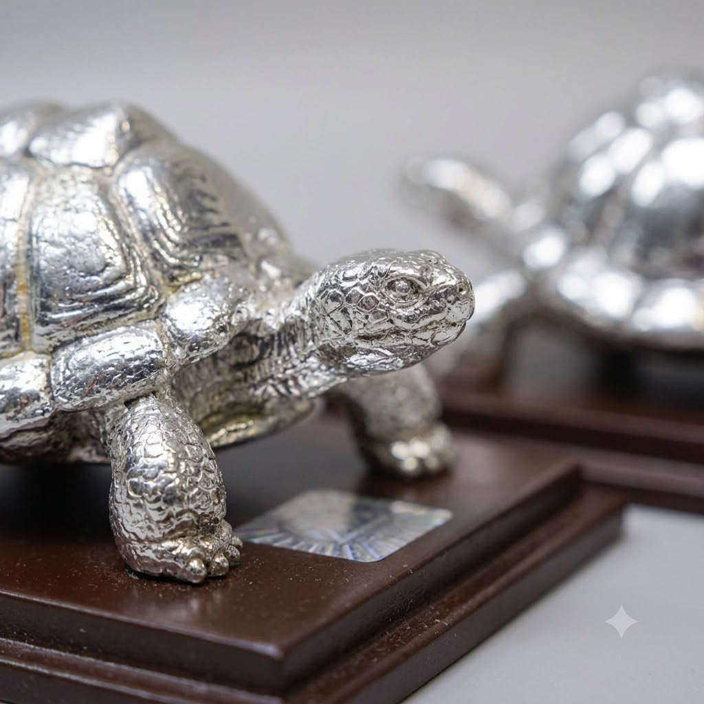Silver Tortoise Pair Showpiece – Vastu Kachua Figurines on Wooden Base | Feng Shui Good Luck Gift