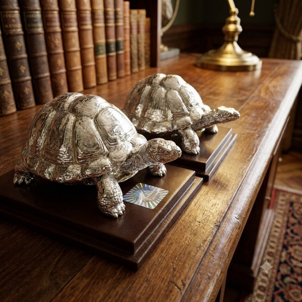 Silver Tortoise Pair Showpiece – Vastu Kachua Figurines on Wooden Base | Feng Shui Good Luck Gift