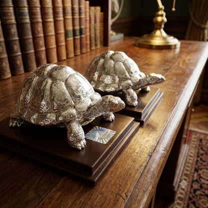Silver Tortoise Pair Showpiece – Vastu Kachua Figurines on Wooden Base | Feng Shui Good Luck Gift