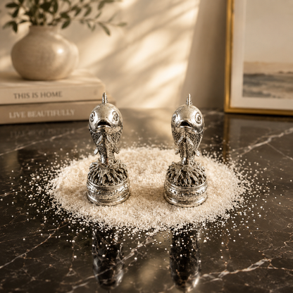 Two ornate silver fish-shaped salt and pepper shakers placed on a bed of white salt on a dark marble surface, with a warm, sunlit home interior in the background.
