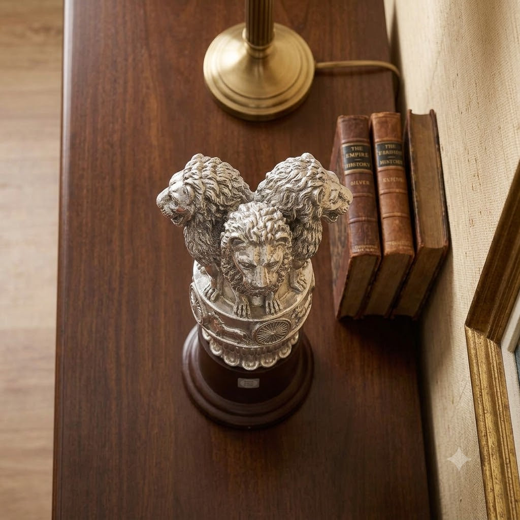 Silver Ashoka Pillar Showpiece - National Emblem of India Statue on Wooden Base | Collectible Silverware Décor