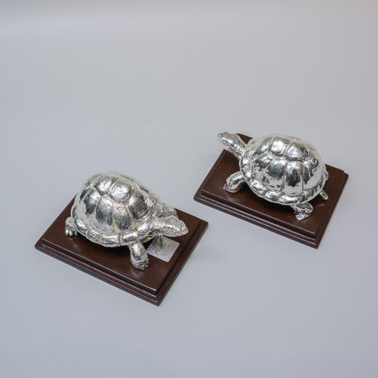 Silver Tortoise Pair Showpiece – Vastu Kachua Figurines on Wooden Base | Feng Shui Good Luck Gift