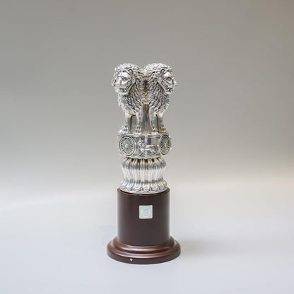 Silver Ashoka Pillar Showpiece - National Emblem of India Statue on Wooden Base | Collectible Silverware Décor