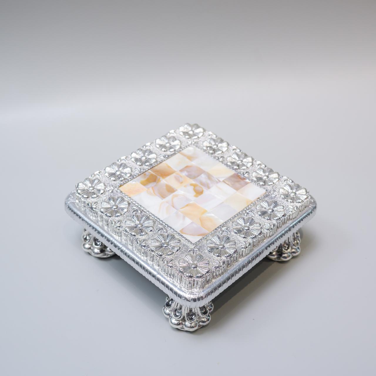 Silver Puja Chowki (Bajot) with Mother-of-Pearl Inlay – Square Footed Pooja Pedestal with Floral Border | Griha Pravesh &amp; Gifting