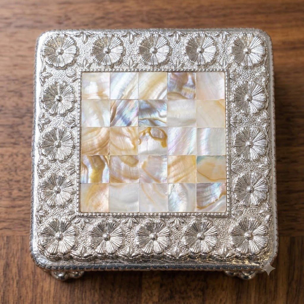 Silver Puja Chowki (Bajot) with Mother-of-Pearl Inlay – Square Footed Pooja Pedestal with Floral Border | Griha Pravesh &amp; Gifting
