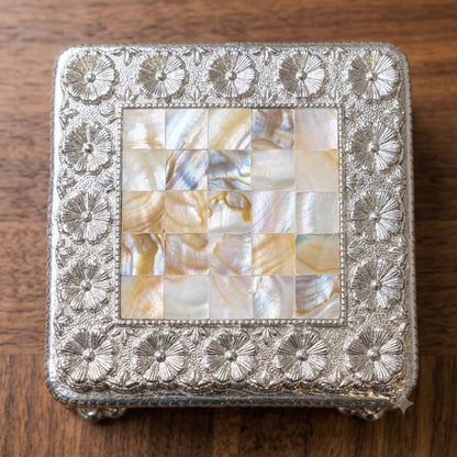 Silver Puja Chowki (Bajot) with Mother-of-Pearl Inlay – Square Footed Pooja Pedestal with Floral Border | Griha Pravesh &amp; Gifting