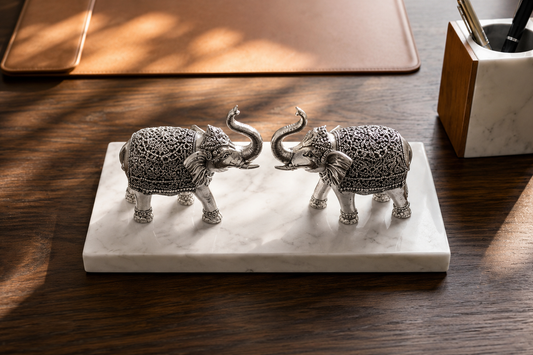 Silver Elephant Pair Showpiece – Handcrafted Trunk-Up Elephant Statues with Ornate Detailing | Vastu Décor & Housewarming Gift