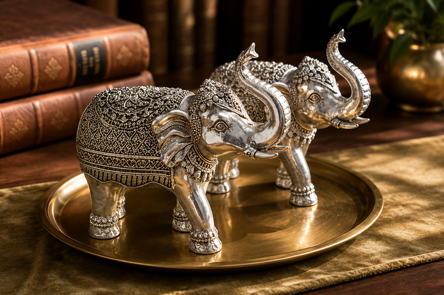 Silver Elephant Pair Showpiece – Handcrafted Trunk-Up Elephant Statues with Ornate Detailing | Vastu Décor & Housewarming Gift