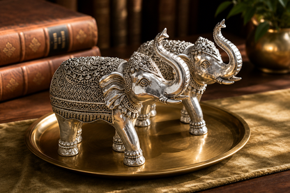 Silver Elephant Pair Showpiece – Handcrafted Trunk-Up Elephant Statues with Ornate Detailing | Vastu Décor & Housewarming Gift