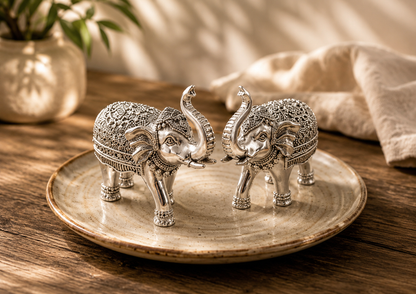 Silver Elephant Pair Showpiece – Handcrafted Trunk-Up Elephant Statues with Ornate Detailing | Vastu Décor & Housewarming Gift