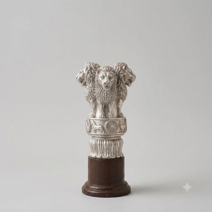 Silver Ashoka Pillar Showpiece - National Emblem of India Statue on Wooden Base | Collectible Silverware Décor